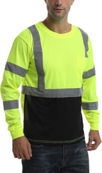 High Visibility Class 3 T Shirts，Hi Vis Safety Shirts with Reflective Strips and Pocket, Long Sleeve Quick Dry Mesh Construction Work Shirt for Men/Women Black Bottom Lime，Small