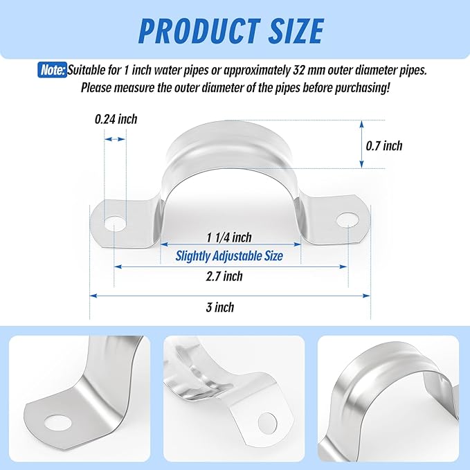 100 Pcs 1 1/4 Inch Pipe Strap Stainless Steel Conduit Clamp Reinforced Rigid 2 Hole U Bracket for Pipe Fixing on Various Surfaces