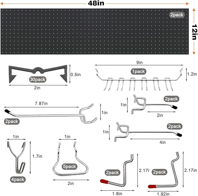 2 PCS Metal Pegboard Wall Storage Shelves 24x12 Inches with 50 PCS Pegboard System for Garage Organization Black Pegboard Hooks for Efficient Tool Storage and Workbench Organization（black）