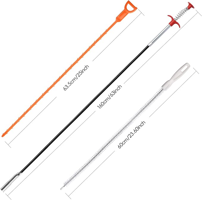 63 Inch Long Stainless Steel Drain Clog Remover (1pcs), 25 inch Drain Snake Hair Remover (6pcs) ＆23.6 inch Cleaning Brush (2pcs) Tool Set for Toilet, Kitchen Sink, Bathroom Tub, Sewer, 9, Pieces Set