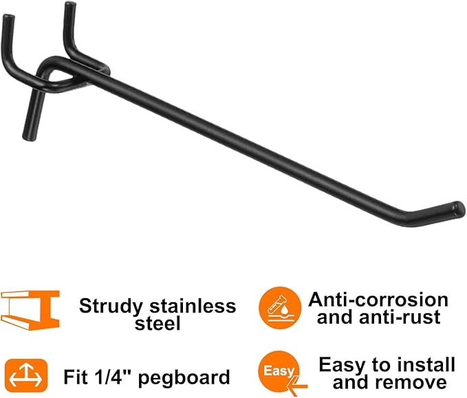 HARFINGTON 25pcs Pegboard Shelving Hooks 6" Stainless Steel Peg Board Display Hook Hanging Holders Wall Mount Organize Tools for Workbench Garage Kitchen Store, Black