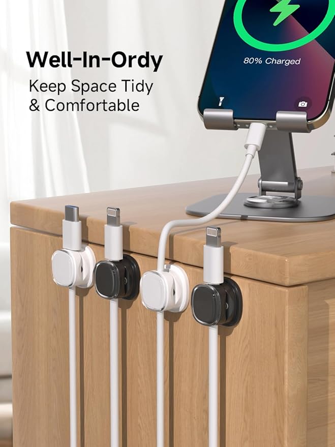 Magnetic Cable Clips, Adjustable Cord Holder Management, Adhesive Wire Keeper Organizer for Home Office Desk Phone PC Car Wall Desktop Nightstand Appliance (9-PCS White & Black)