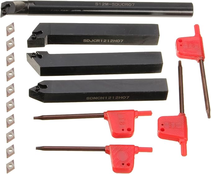 14Pcs Indexable Lathe Turning Tool 1/2"12mm,4PCS Metal Lathe Turning Tool Holders S12M-SDUCR07/SDJCR1212H07/SDNCN1212H07/SDJCL1212H07 with 10pcs DC070204 Carbide Inserts,4pcs Wrenches