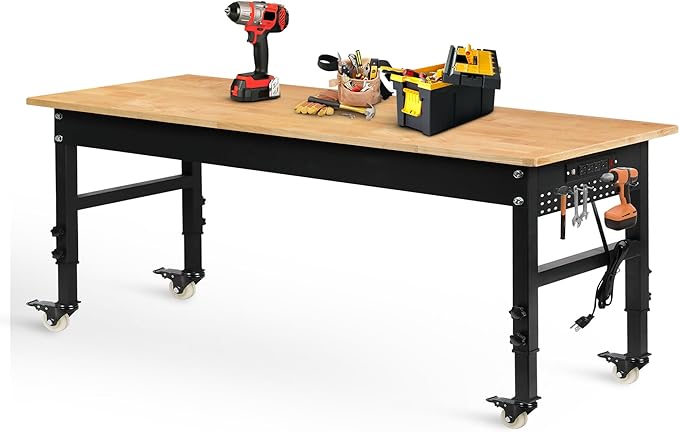 70" Adjustable Workbench on Wheels, 2000 LBS Heavy Duty Work Table with Power Outlets & Pegboard, Rubber Wood Workstation for Garage, Workshop, Office, Home, Commercial