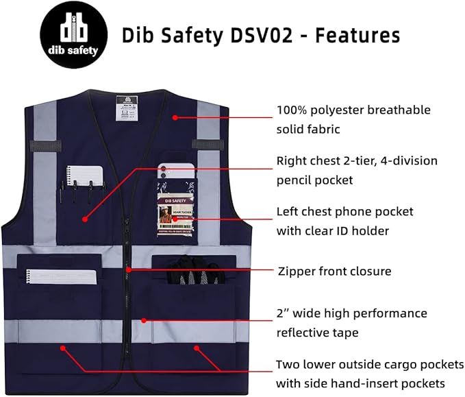 Dib Safety Reflective Vest High Visibility with Pockets and Zipper, Navy S
