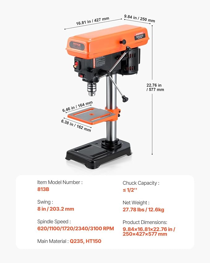 VEVOR 8 in Benchtop Drill Press, 2.3A Induction Motor, Tabletop Drilling Machine with 750/1140 / 1740/2340 / 3200 RPM Adjustable Speed, 0-45° Tilting Worktable, LED Work Light, for Wood Metal