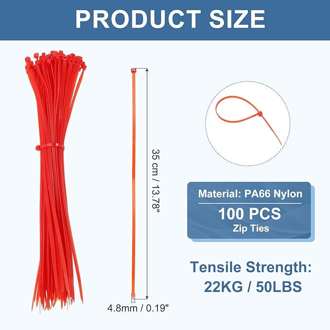 PATIKIL Cable Zip Ties 14 Inch, 100 Pcs Self-Locking Nylon Wire Tie Wraps Heavy Duty Cord Management with 50 lbs Tensile Strength for Indoor and Outdoor, Red (0.2" W)