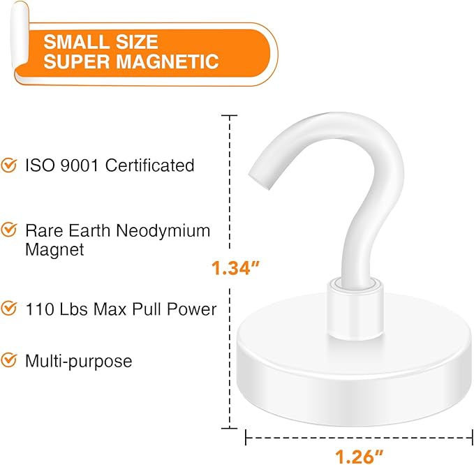 MIKEDE Strong Magnetic Hooks, 110Lbs Heavy Duty Magnetic Hooks for Cruise, Neodymium Earth Magnets with Hooks for Hanging, Super Metal Magnetic Hanger for Grill, Storage (White,10 Pack)