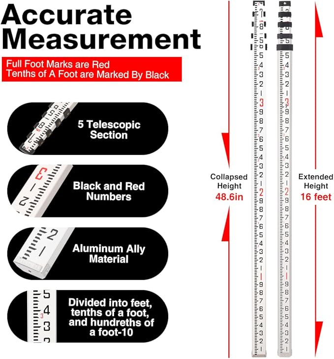 16FT Aluminum Grade Rod & Telescopic Leveling Rod - 5-Stage Survey Rod with Bubble Level, Dual-Sided Grade Stick for Laser Level, Portable Measuring Stick for Surveying