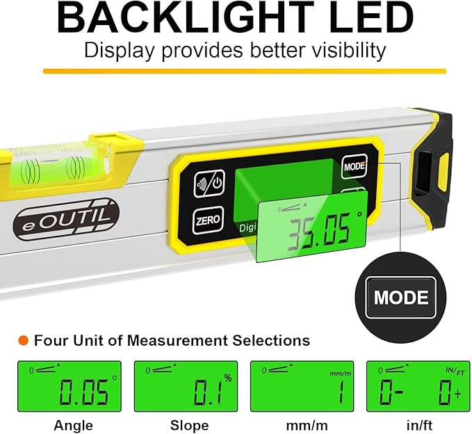 Digital Level and Protractor, 12 Inch IP54 Protected Electronic Bubble Inclinometer Angle Finder with Large LED Backlight and Magnetized V-Groove Base(Yellow
