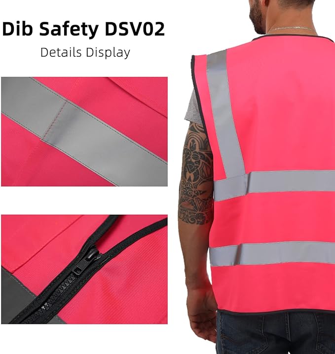 Dib Safety Reflective Vest High Visibility with Pockets and Zipper, Pink 3XL