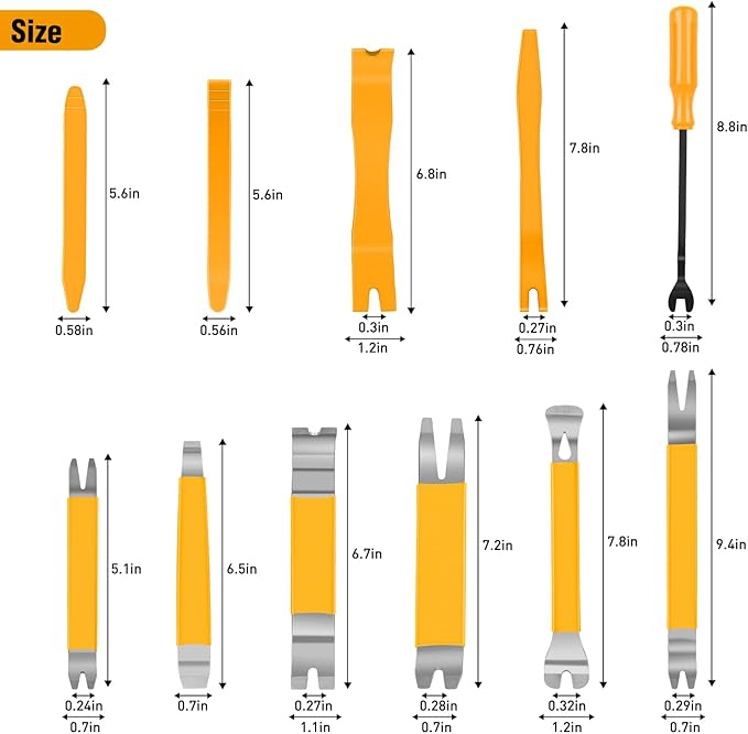 GOOACC 11PCS Trim Removal Tool Kit, Metal & Nylon Pry Tools Set for Car Door Panel, Dashboard, Audio, Clips, Fastener Remover w/Storage Box – Yellow