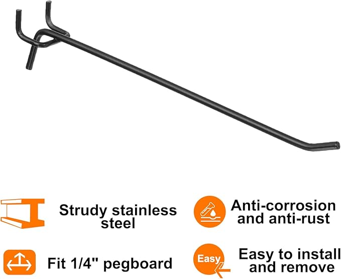 HARFINGTON 10pcs Pegboard Shelving Hooks 8" Stainless Steel Peg Board Display Hook Hanging Holders Wall Mount Organize Tools for Workbench Garage Kitchen Store, Black