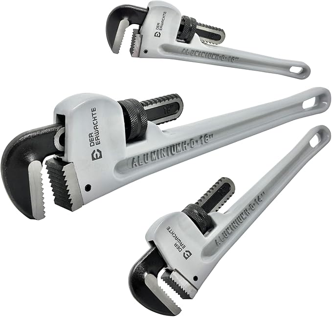 3-Piece Heavy Duty Aluminum Straight Pipe Wrench Set, 10", 14", 18", Adjustable Plumbing Wrench Set, Drop Forged, Exceed GGG standard