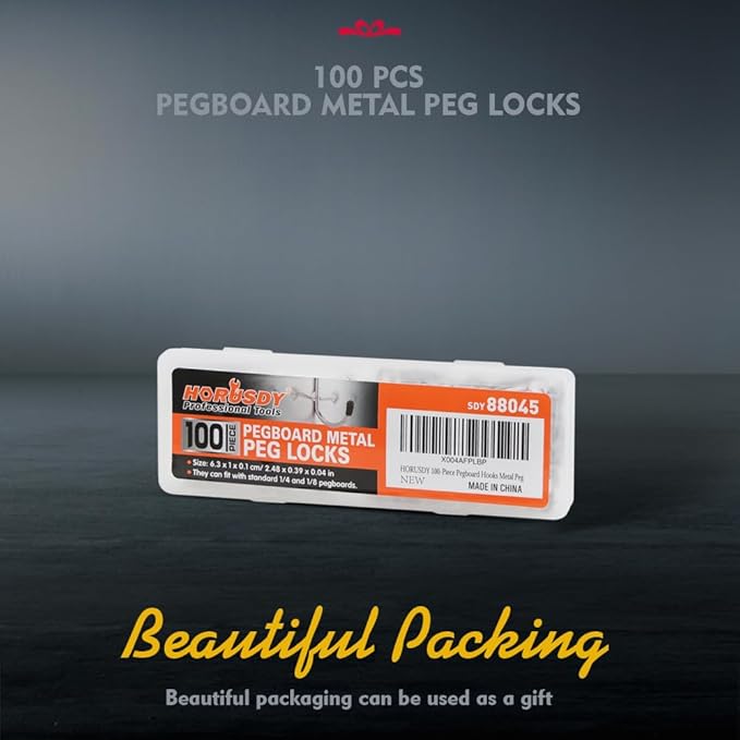 HORUSDY 100-Piece Pegboard Hook Locks & Retainers, Metal Pegboard Clips for 1/4” & 1/8” Peg Boards, Secure Display Hooks & Organizer for Garage, Workshop, Home Storage