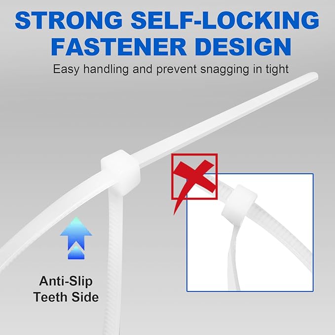 Zip Ties, RAZCC 1200pcs Cable Zip Ties 8 Inch, Heavy Duty White Plastic Wire Ties with 50lb Tensile Strength, Self-Locking Nylon Cable Ties, Wire Management for Indoor and Outdoor