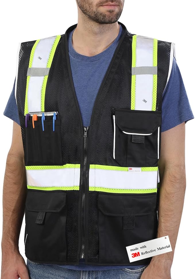 Dib Safety Vest Reflective Black Mesh, High Visibility Vest with Pockets and Zipper, Heavy Duty Vest Made with 3M Reflective Tape 2XL