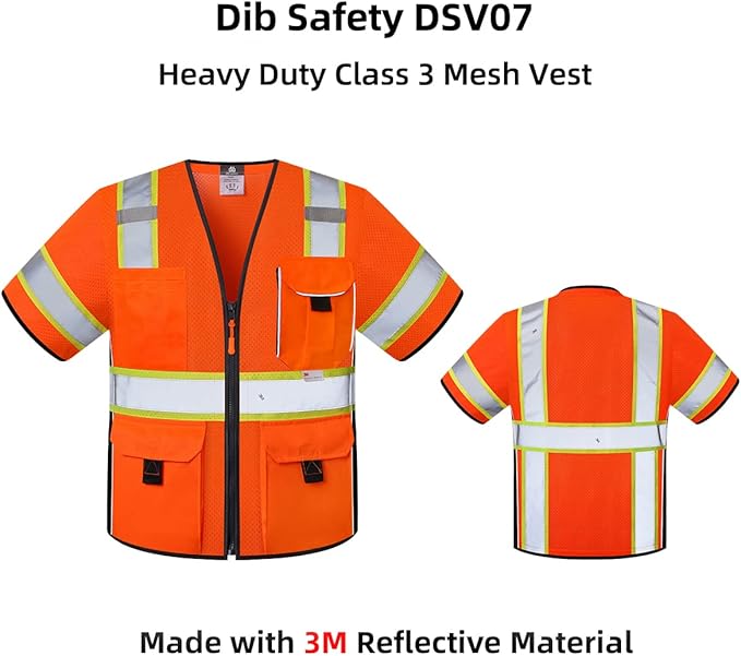 Dib Safety Reflective Mesh Vest ANSI Class 3, High Visibility with Pockets and Zipper, Made with 3M Reflective Tape, Orange S