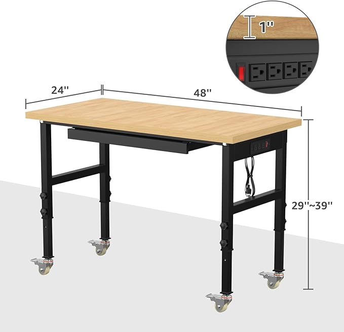 48" Adjustable Workbench,Heavy-Duty Work Table,3000 LBS Load Capacity Particleboard Hardwood Workstation Outlets with Power Strips, Drawers and Wheels,for Workshop, Garage