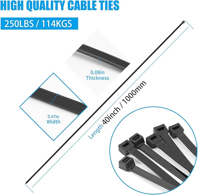40 inch Black Zip Ties Heavy Duty 30 PCS, 250LBS Ultra Exclusive Strong Plastic Wire Ties, Large Cable Ties Extra Long Tie Wraps, Indoor and Outdoor UV Resistant