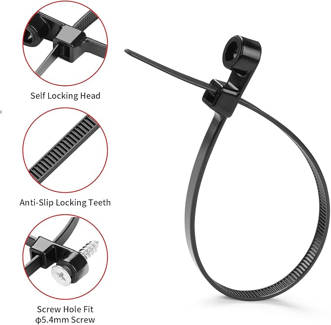 1000 PCS 14 inch Black Zip Ties with Screw Hole 70lbs Mountable head Cable Ties Straps Multipurpose Heavy Duty Nylon Cable Zip Ties with Screw Mounting Hole