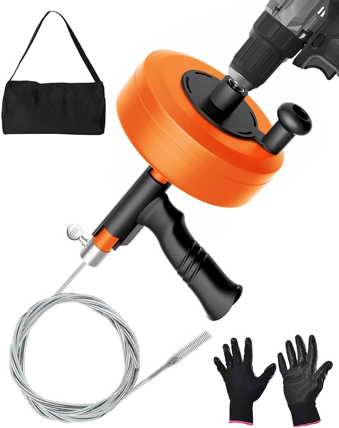 Drain Auger, Plumbing Snake with Drill Adapter, 25 ft Flexible Drain Snake Clog Removal Tool Use Manually or Powered for Kitchen Bathroom Shower Sink, Come with Gloves and Cloth Bag (Orange)