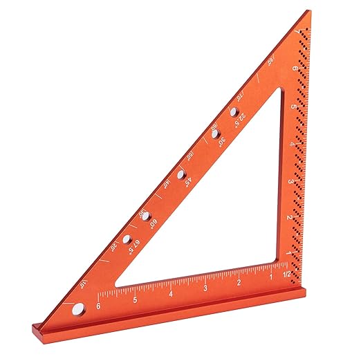 Neitra Square Ruler with Fixed Angle Pin, Accurate Compact Aluminum Alloy Squares with Laser Etched Markings for Carpenter Woodworking Furniture Projects (Orange, 7 Inch)