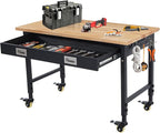 48'' Adjustable Workbench, Heavy Duty Workbench with Drawer, Power Outlet and Lockable Wheels, 2000 LBS Capacity, Work Table Suitable for Office, Garage, Workshop