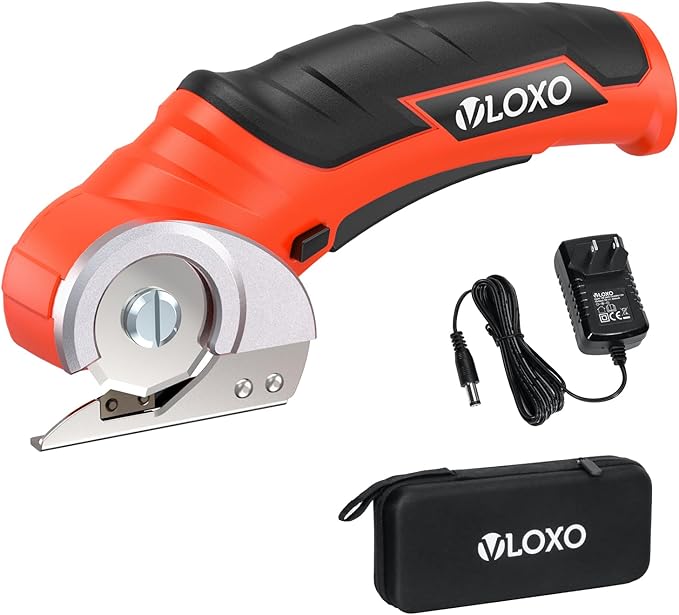 VLOXO Electric Scissors, Cordless Cardboard Cutter Power Box Cutter with Safety Lock, Multi-Cutting Tools for Cardboard, Rechargeable Mini Scissors for Plastic Leather Canvas with Storage Box Orange