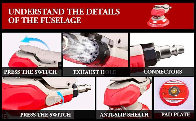 5/6 Inch Pneumatic Orbital Air Sander High-Speed DA Sander for auto body/Ideal for Woodworking, Auto Polishing, and Metal Sanding (5 inch)