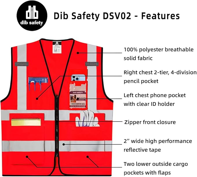 Dib Safety Reflective Vest High Visibility with Pockets and Zipper, Red 3XL