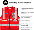 Dib Safety Reflective Vest High Visibility with Pockets and Zipper, Red S