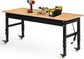60" Adjustable Workbench for Garage, Rubber Wood Heavy Duty Workstation with Power Outlets & Wheels, 2000 LBS Load Capacity Hardwood Worktable for Workshop, Garage, Office, Home, Commercial