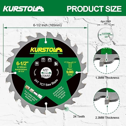 Circular Saw Blade 6-1/2 Inch - 24T ABT Wood Cutting Saw Blade with 4/5” Arbor for Wood, Plastic, Plywood, Particle Boards, Multilayer Boards(3 Pack)