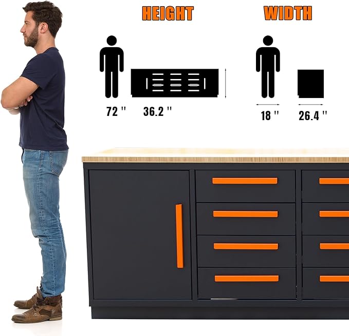 Heavy Duty Garage Cabinet Workbench Table w/Solid Wood Top, Workstation Garage Workbench with Storage for Garage, Warehouse, Office, Workshop, 112.2" W x 26.4" D x 36.2" H