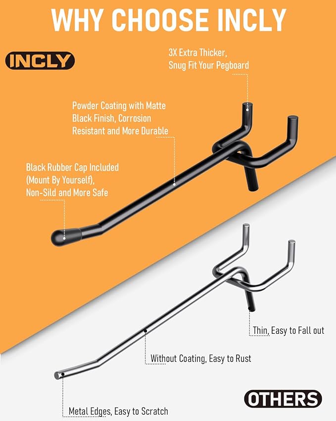 INCLY 120 Pack 2/4/6 Inch Black Pegboard Hooks, 1/4" Heavy Duty Peg Board Shelving Hooks Accessories, Peg Board Tool Hangers Fit 1/4" Pegboard Hanging Tools Garage, Crafts Organizing, Kitchen, Store