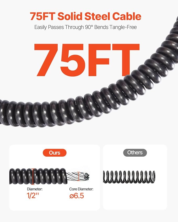 VEVOR Drain Cleaner Machine 75FT x 1/2Inch, Auto Feed Sewer Snake Auger with 4 Cutter & Air-activated Foot Switch for 2" to 4" Pipes, Orange, Black