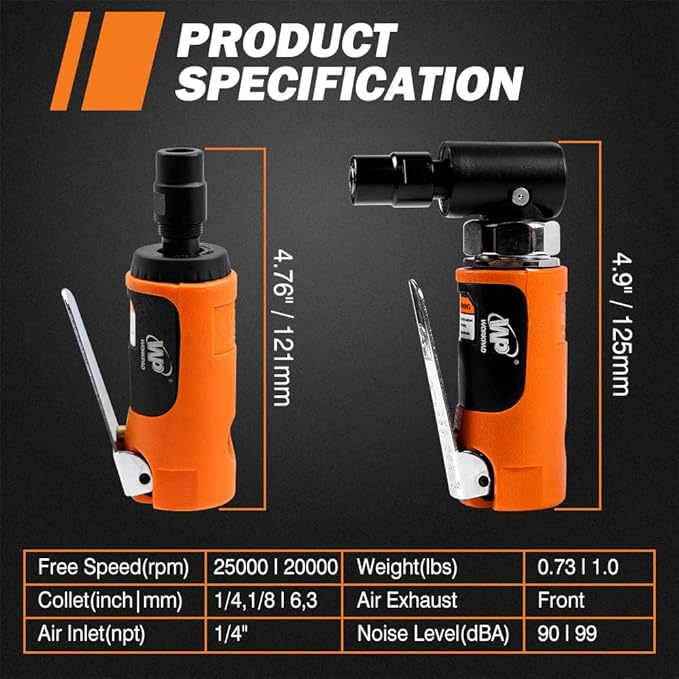 Air Die Grinder Set, Straight/Angled Air Die Grinder Kit with 1/4 and 1/8 inch Collets, Pneumatic Tools 2PCS