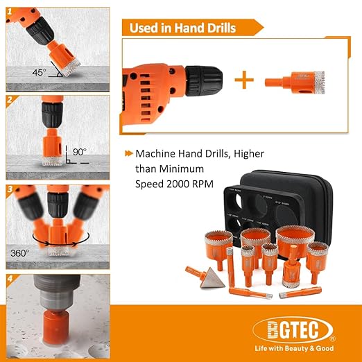 Diamond Core Drill Bit Kit BGTEC Diamond Hole Saw Tile Cutter,Triangle Shank 10pcs 6/8/10/25/28/32/35/45/50/65mm Drill Bits+1pc 20mm Drilling Finger Bit