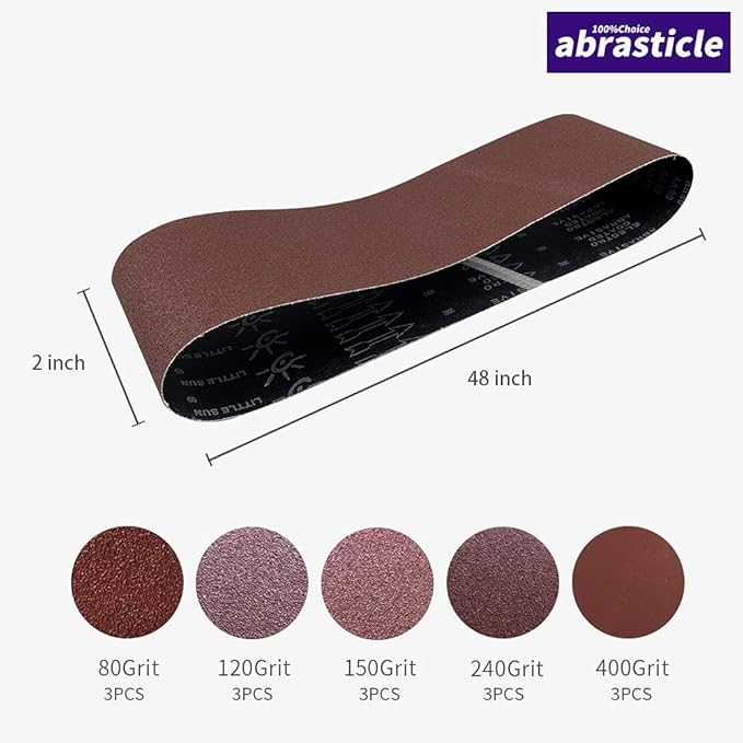 15 Pcs 2 x 48 Inch Assorted Aluminum Oxide Sanding Belt - 80/120/150/240/400 Grit