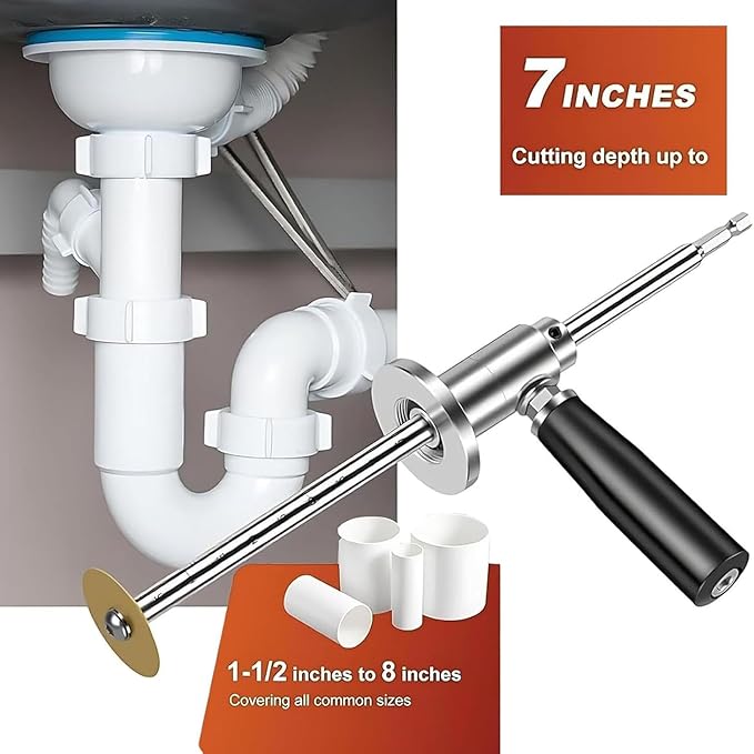 Pvc Inside Pipe Cutter, Inside Pipe Cutter for Pvc with Diamond Grit Cutting Wheel and Handle, 7 Inch Adjustable Cutting Depth for 1-1/2"- 8" PVC Pipe, for Impact Drivers and Drills