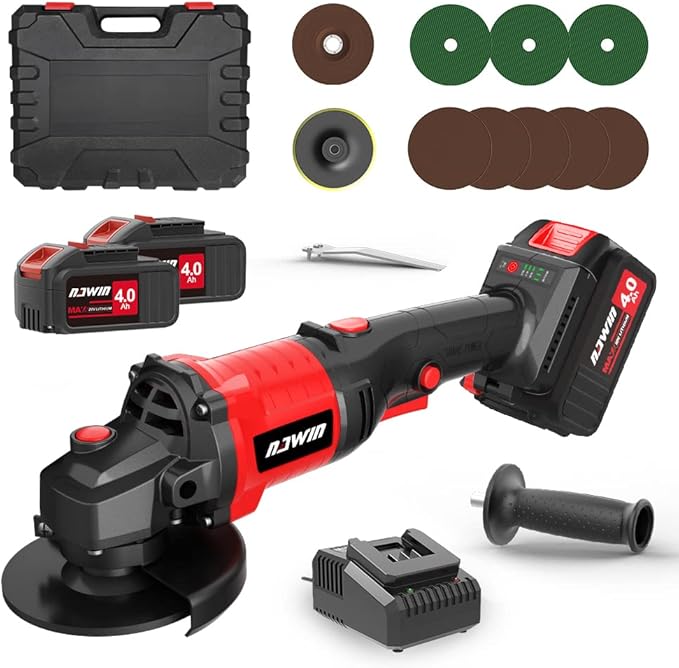 NAWIN 4 inch Cordless Angle Grinder Kit, Variable Speed Grinder, 2×4.0Ah Li-Ion Battery&Fast Charger,9000RPM Brushless Motor, battery angle grinder tool,angle grinder cordless