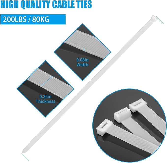 18 inch White Zip Ties Heavy Duty 500 PACK, 200 LBS Ultra Exclusive Strong Plastic Wire Ties, Large Cable Ties Extra Long Tie Wraps, Indoor and Outdoor UV Resistant