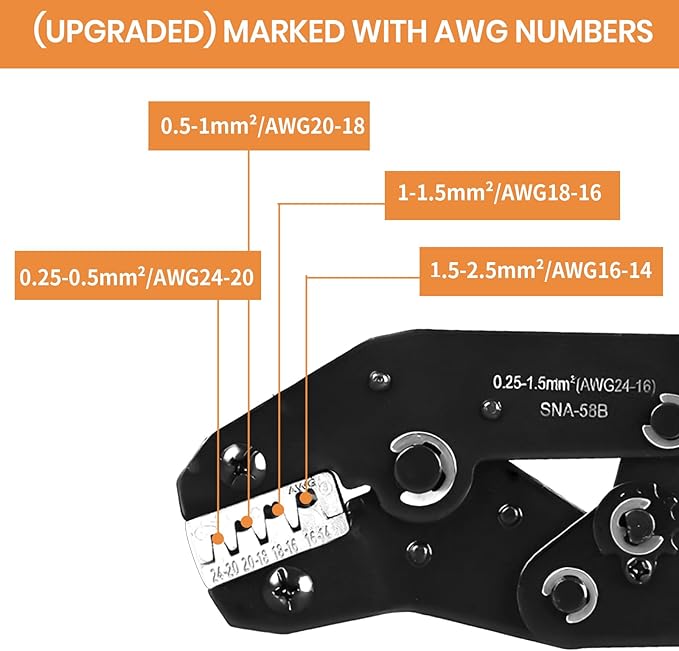 Wire Crimping Tool with Ratchet, Amliber Ratchet Wire Crimper Tool for Open Barrel Terminal Connectors, Electrical Crimping Tool for Deutsch DELPHI AMP Dupont TYCO Terminals, 24-14 AWG