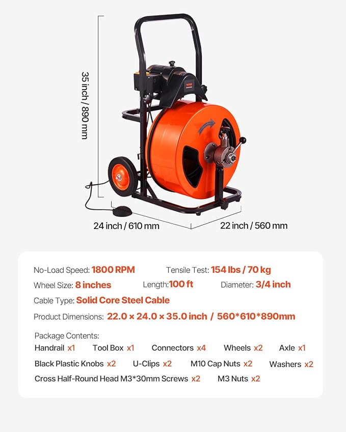 VEVOR 100FT x 3/4 Inch Drain Cleaning Machine Sewer Auger Auto Feed with 4 Cutter & Air-activated Foot Switch for 4" to 8" Pipes, Orange, Black