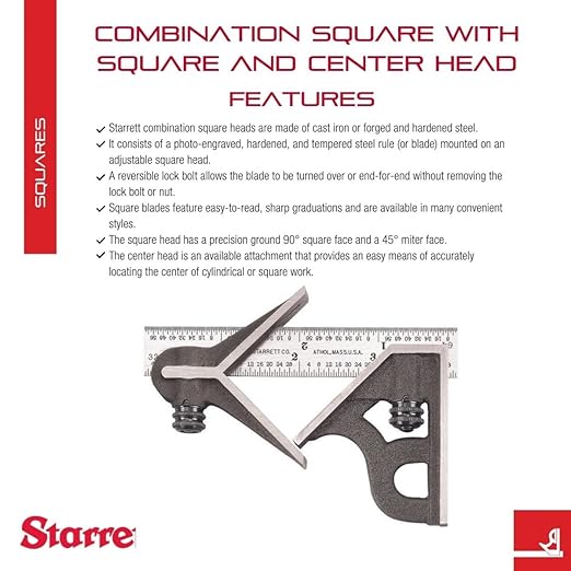 Starrett Steel Combination Square with Square Head and Center Head - 4" Blade Length, Cast Iron Heads, Hardened Steel, Reversible Lock Bolt, 4R Graduation Type - C11HC-4-4R