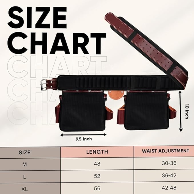 FUERI Tool Belt With Suspender Men Carpenter Pouches Construction Bags Electrician Belts Framer Worker Pouch Bag Holder Organizer 26 Pocket Nylon Leather Black Professional Set - Medium