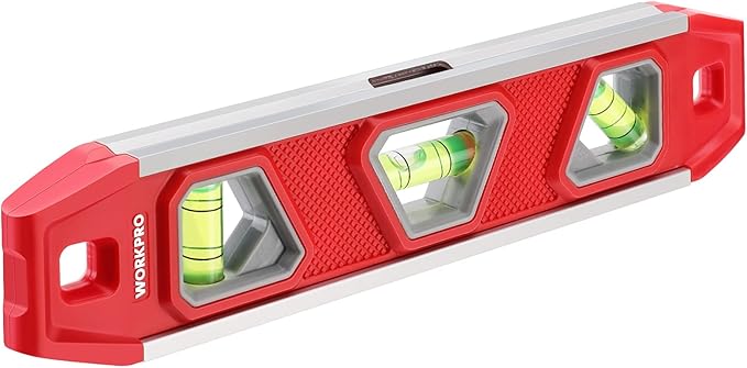 WORKPRO 9-Inch Torpedo Level Magnetic, Small Leveler Tool with 3 Different Bubbles 45°/90°/180° and Overhead Viewing Window, Shock Resistant Bubble Level V-Groove for Measuring plumbing, wood, etc.
