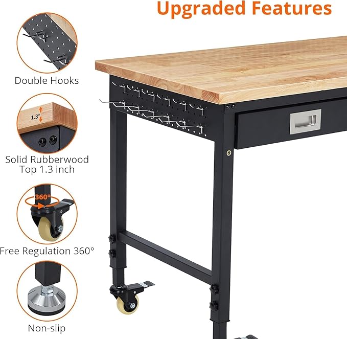 48x24 Inch Garage Workbench with Wheels, Adjustable Rubber Wood Top Garage Workbench with Power Outlet, 2000 Lbs Load Capacity, for Workshop, Woodworking, Office, Home.