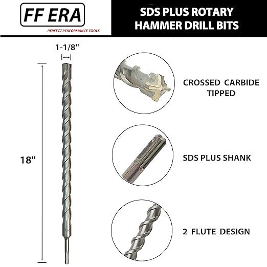 1-1/8 Inch x 18 Inch SDS Plus Rotary Hammer Drill Bit, Carbide Tipped for Brick, Stone, and Concrete (1-1/8" x 18")